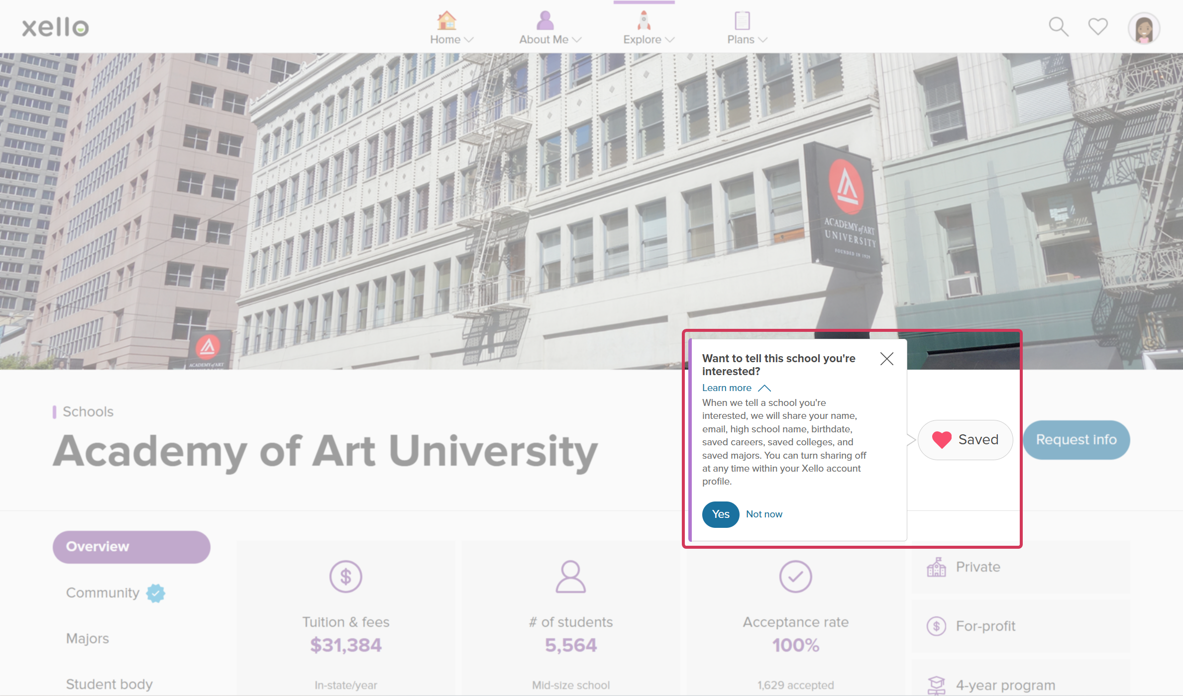 Student account in Xello on a college profile. The student clicked Save and there is a message asking if they want to tell the school they're interested.
